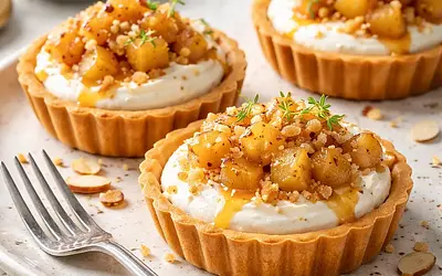 Modern almond tartlets with mascarpone cream, caramelized pears, and crunchy crumble