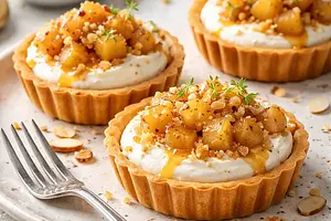 Modern almond tartlets with mascarpone cream, caramelized pears, and crunchy crumble
