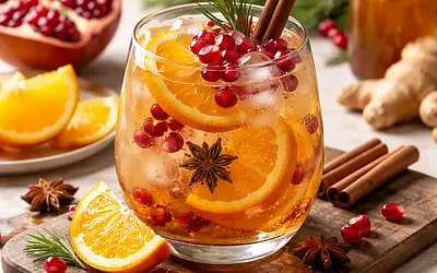 Modern Winter Orange-Pomegranate Cocktail with Spicy Ginger-Cinnamon Syrup and Honey Foam