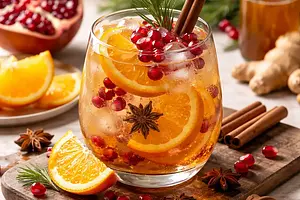 Modern Winter Orange-Pomegranate Cocktail with Spicy Ginger-Cinnamon Syrup and Honey Foam