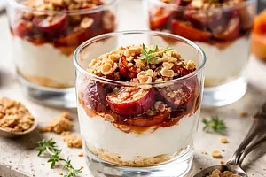 Quick cups with ricotta cream, baked plums, and almond crumble (variant e4594340)