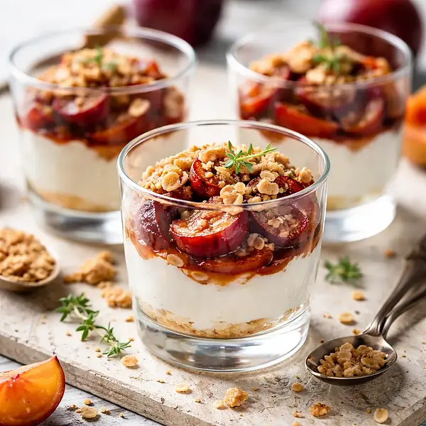 Ekspresowe pucharki z kremem ricotta, pieczonymi śliwkami i migdałową kruszonką (wariant e4594340)