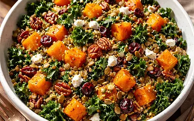 Autumn salad with roasted butternut squash, kale, and quinoa