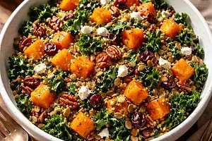 Autumn salad with roasted butternut squash, kale, and quinoa