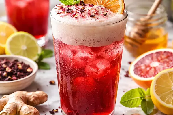 Rubinowy tonik hibiskusowo-cytrusowy z pianką imbirową (wersja wegańska)