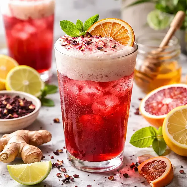 Rubinowy tonik hibiskusowo-cytrusowy z pianką imbirową (wersja wegańska)