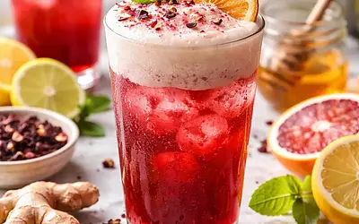 Rubinowy tonik hibiskusowo-cytrusowy z pianką imbirową (wersja wegańska)