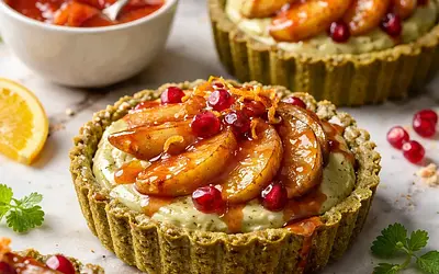 Almond-matcha tartlets with caramelized pear and pomegranate-orange sauce (fusion, variant 73c3dcad)