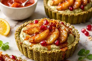 Almond-matcha tartlets with caramelized pear and pomegranate-orange sauce (fusion, variant 73c3dcad)