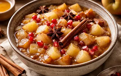 Warming pear-apple compote with spices and pomegranate (vegetarian)