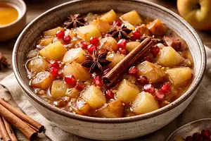 Warming pear-apple compote with spices and pomegranate (vegetarian)