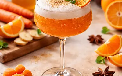 Sparkling tangerine-carrot cocktail with ginger and aquafaba foam (variant 772d4203)