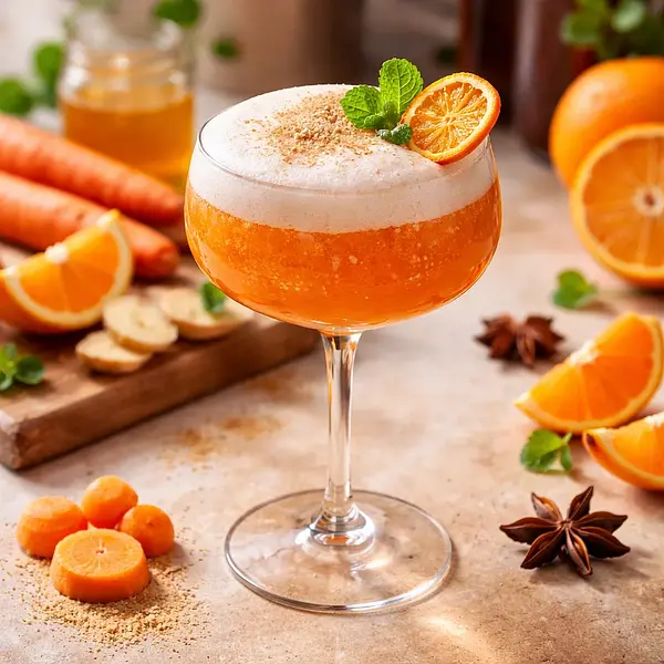 Iskrzący koktajl mandarynkowo-marchewkowy z imbirem i pianką aquafaby (wariant 772d4203)