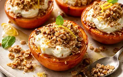 Baked persimmons with ricotta-lemon cream and almond crumble
