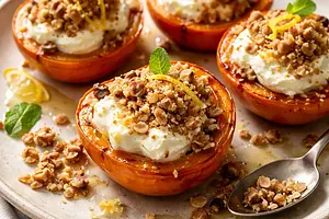 Baked persimmons with ricotta-lemon cream and almond crumble