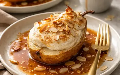 Baked pears under almond meringue with vanilla-caramel sauce (variant 4220bc33)