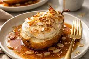 Baked pears under almond meringue with vanilla-caramel sauce (variant 4220bc33)