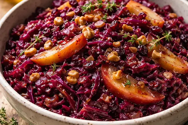 Tradycyjna duszona czerwona kapusta z jabłkami, miodem i orzechami