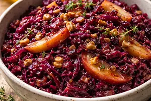 Tradycyjna duszona czerwona kapusta z jabłkami, miodem i orzechami