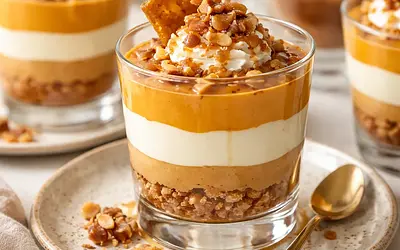 Modern layered pumpkin and white chocolate mousses with almond streusel and maple caramel