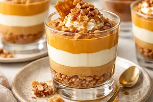Modern layered pumpkin and white chocolate mousses with almond streusel and maple caramel