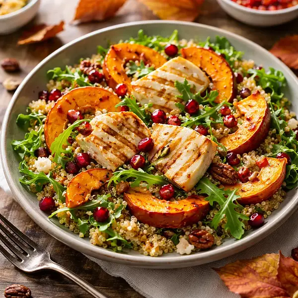 Jesienna sałatka z pieczoną dynią, quinoa i grillowanym halloumi