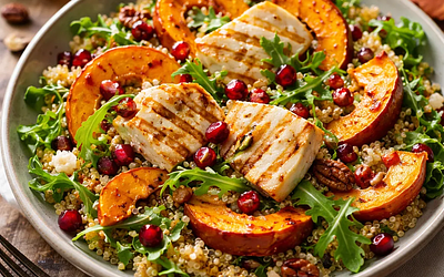 Autumn salad with roasted pumpkin, quinoa, and grilled halloumi