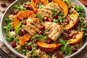 Autumn salad with roasted pumpkin, quinoa, and grilled halloumi