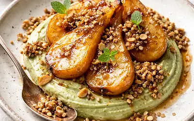 Seasonal duet: caramelized pears with coconut-matcha cream and buckwheat-almond crumble (fusion)