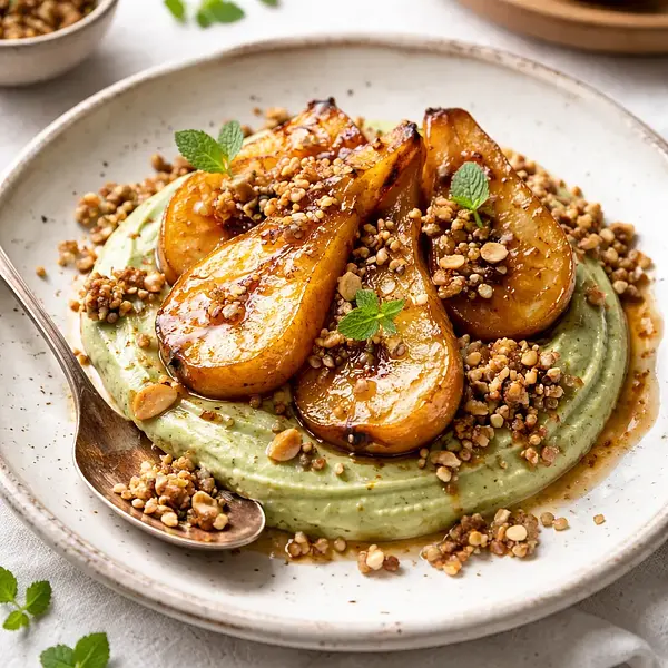 Sezonowy duet: karmelizowane gruszki z kremem kokosowo-matcha i kruszonką gryczano-migdałową (fusion)