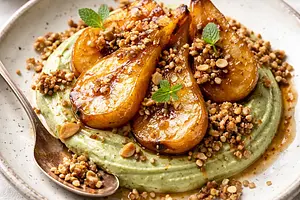 Seasonal duet: caramelized pears with coconut-matcha cream and buckwheat-almond crumble (fusion)