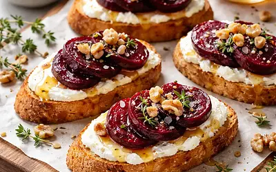 Crostini z kremem z pieczonych buraków i ricotty z miodem i orzechami