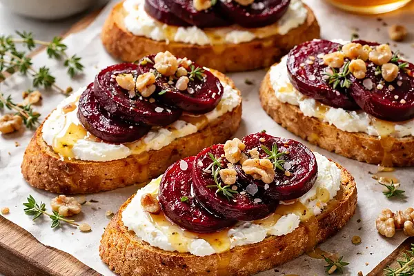 Crostini z kremem z pieczonych buraków i ricotty z miodem i orzechami
