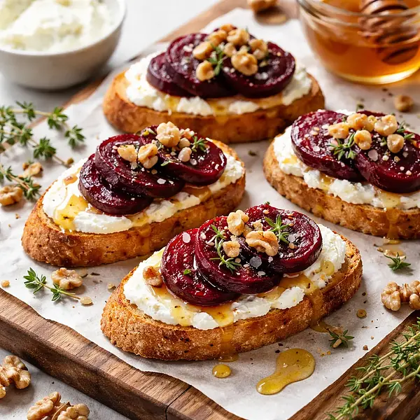 Crostini z kremem z pieczonych buraków i ricotty z miodem i orzechami