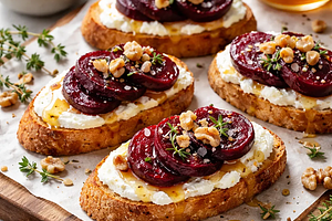 Crostini z kremem z pieczonych buraków i ricotty z miodem i orzechami