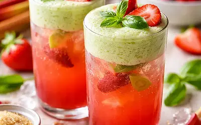 Spring Rhubarb-Strawberry Drink with Basil Foam