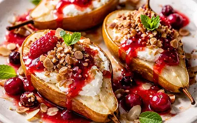 Baked pears with ricotta cream, almond crumble, and raspberry-cranberry sauce