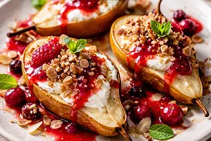 Baked pears with ricotta cream, almond crumble, and raspberry-cranberry sauce