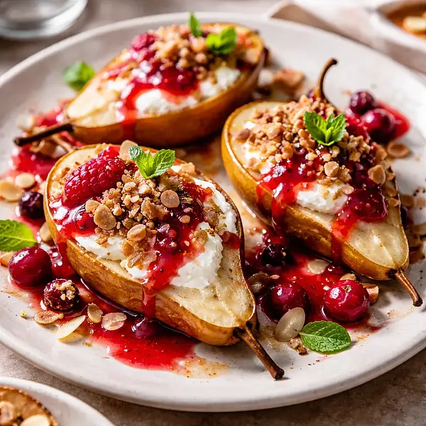 Pieczone gruszki z kremem ricottowym, kruszonką migdałową i sosem malinowo-żurawinowym (wariant 2c2039c3)