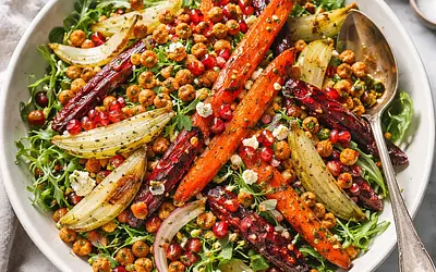 Modern winter salad with roasted carrots, fennel, pomegranate, and crispy chickpeas