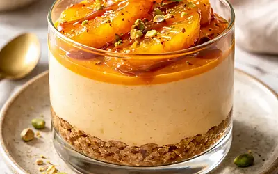 Modern persimmon mousse with caramelized oranges and a crumbly base