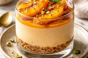 Modern persimmon mousse with caramelized oranges and a crumbly base