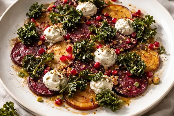 Eleganckie carpaccio z pieczonych buraków z kremem koziego sera, chipsami z jarmużu i granatem