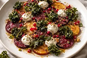 Elegant roasted beet carpaccio with goat cheese cream, kale chips, and pomegranate