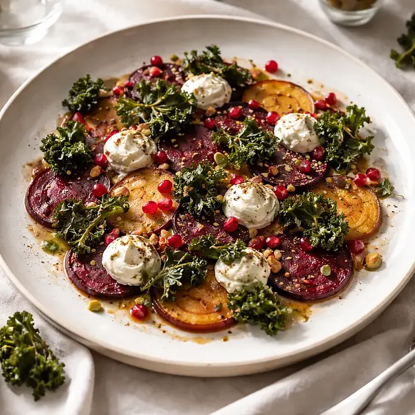 Eleganckie carpaccio z pieczonych buraków z kremem koziego sera, chipsami z jarmużu i granatem