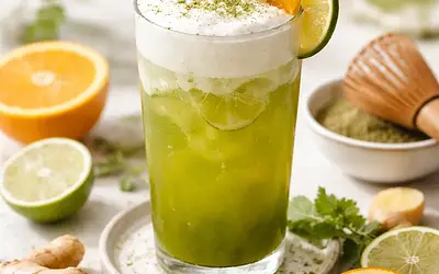 Citrus-Ginger Matcha Tonic with Coconut Foam (seasonal fusion drink)