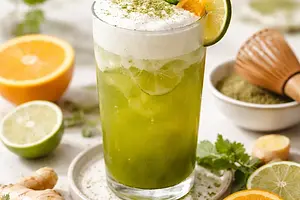 Citrus-Ginger Matcha Tonic with Coconut Foam (seasonal fusion drink)