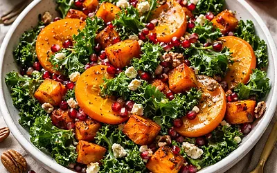 Winter Salad with Roasted Butternut Squash, Persimmon, Pomegranate, and Kale