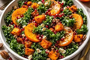 Winter Salad with Roasted Butternut Squash, Persimmon, Pomegranate, and Kale