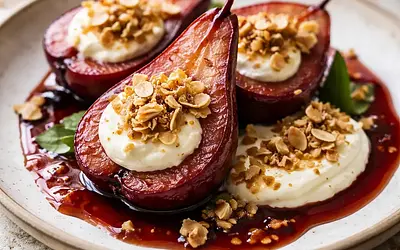 Baked pears in red wine with mascarpone cream and almond crumble